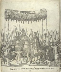 Detalle de la "Coronación de Carlos V en Bolonia", N. Hogenberg, La Haya, ca. 1532.