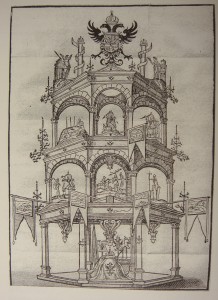 Túmulo de Carlos V erigido en San Benito de Valladolid, publicado en "El túmulo imperial…", de J. C. Calvete de Estrella, Valladolid, 1559